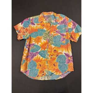 Vintage Rare Floral Silk Button Front Shirt Men Medium Short Sleeve 90s Party